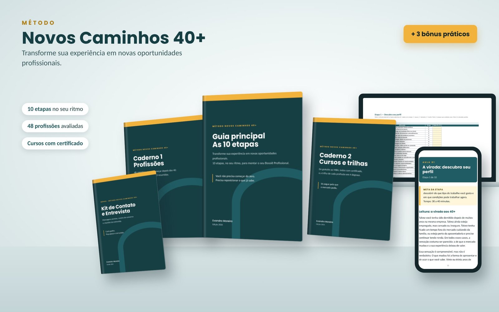 O kit do Método Novos Caminhos 40+: Guia principal, Caderno 1, Caderno 2, Kit de Contato, planilha e versão para celular